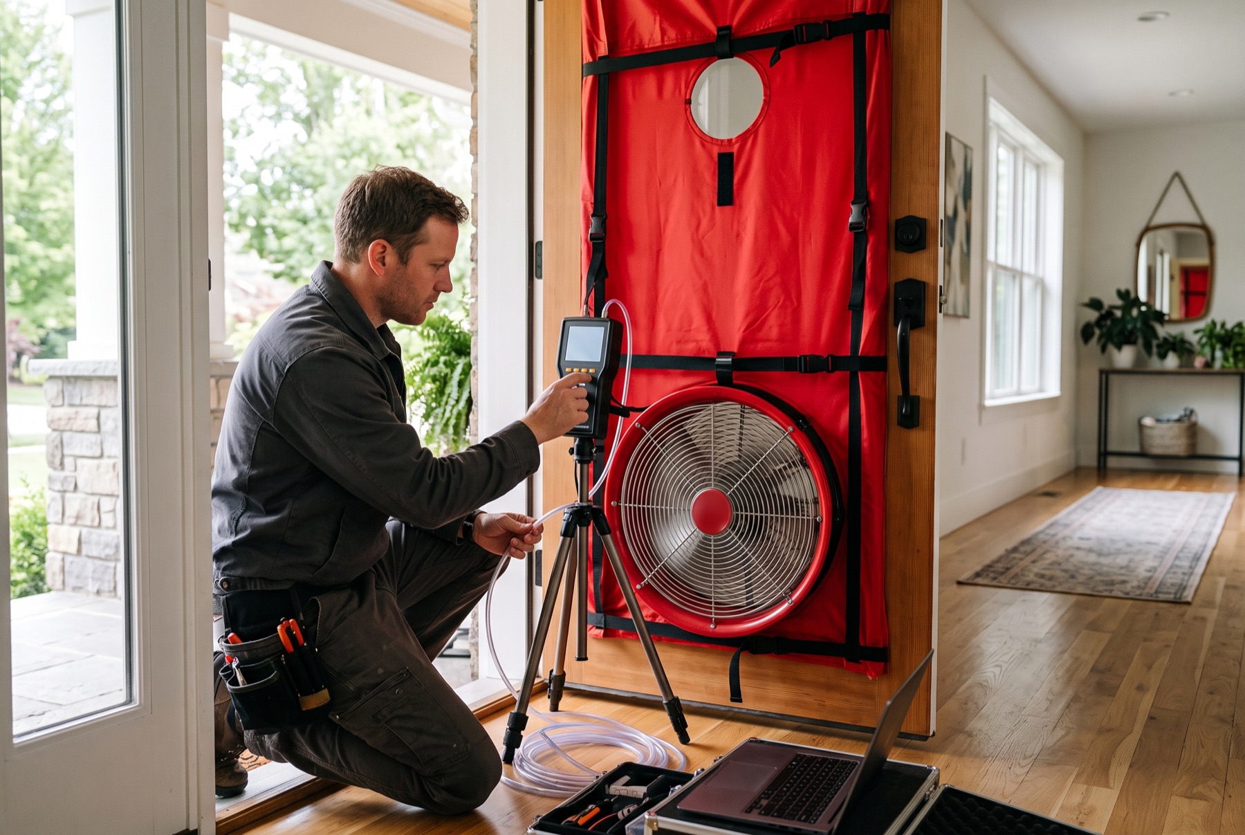 Blower-Door-Messung an einer Haustür