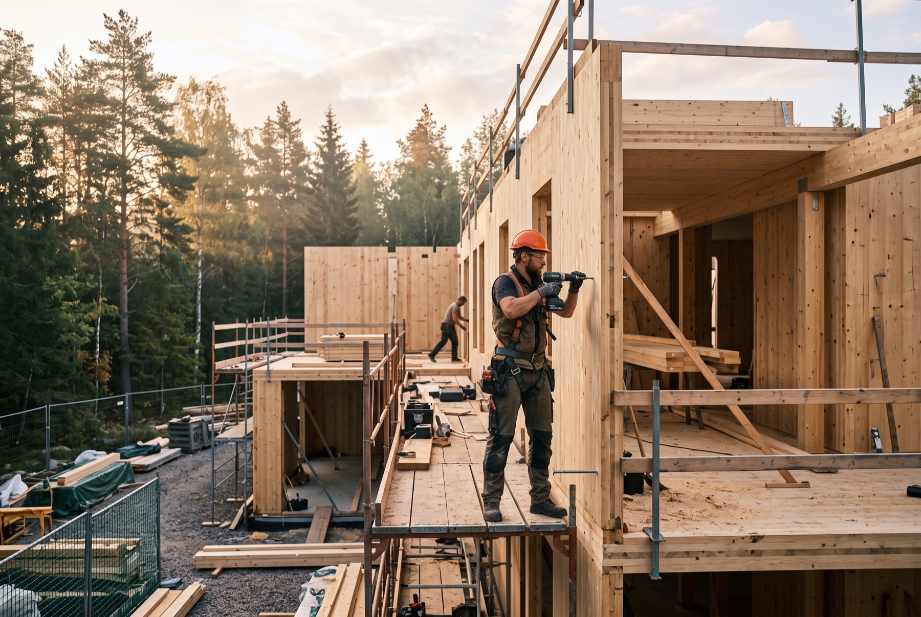 Holzbau mit Wald im Hintergrund